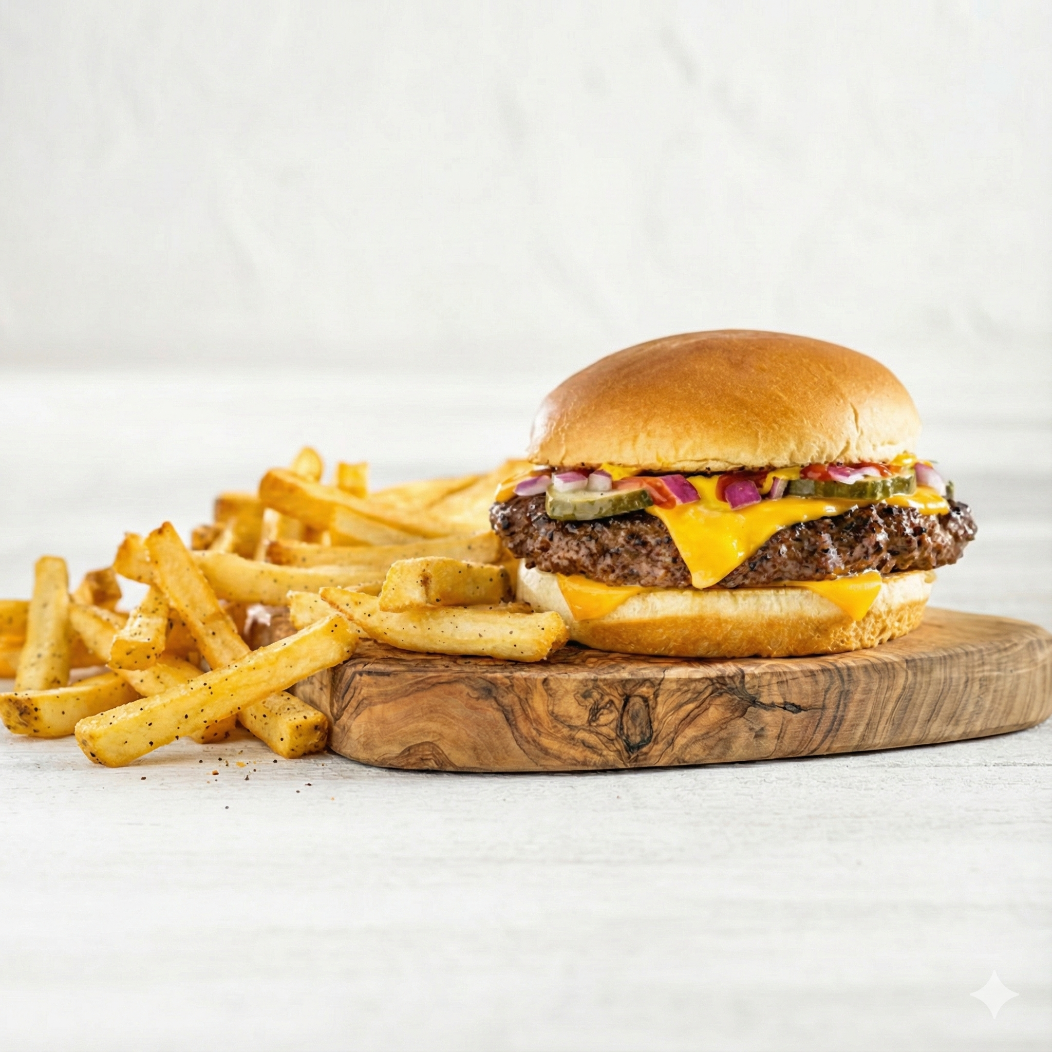 Chili’s Big Smasher burger with fries on a wooden board